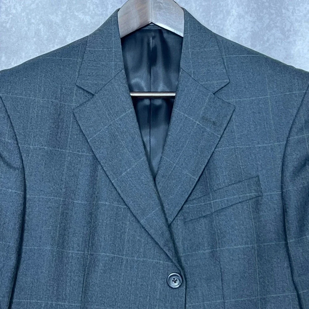 Oscar de la Renta Mens 40R Blazer Blue Gray Windowpane Check 3-Button Sport Coat